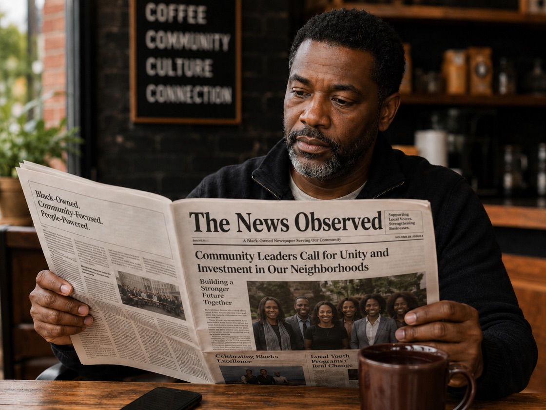 A reader with a printed copy of The News Observed at a neighborhood coffee shop